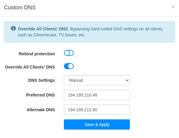 Cudy Custom DNS dialog with DNS set to Manual, Override All Clients' DNS enabled, and the same Preferred and Alternate DNS addresses entered.