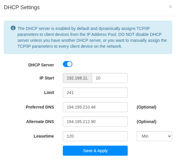 Cudy Advanced Settings with the DHCP Server dialog open. Preferred DNS shows 194.195.210.48 and Alternate DNS shows 194.195.212.90.