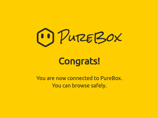 Example of the PureBox connection test page: a short confirmation message that the browser reached the test site successfully.